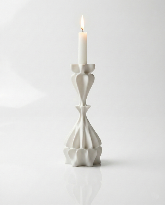Tall sculptural white 3D printed candle holder with fluted architectural design